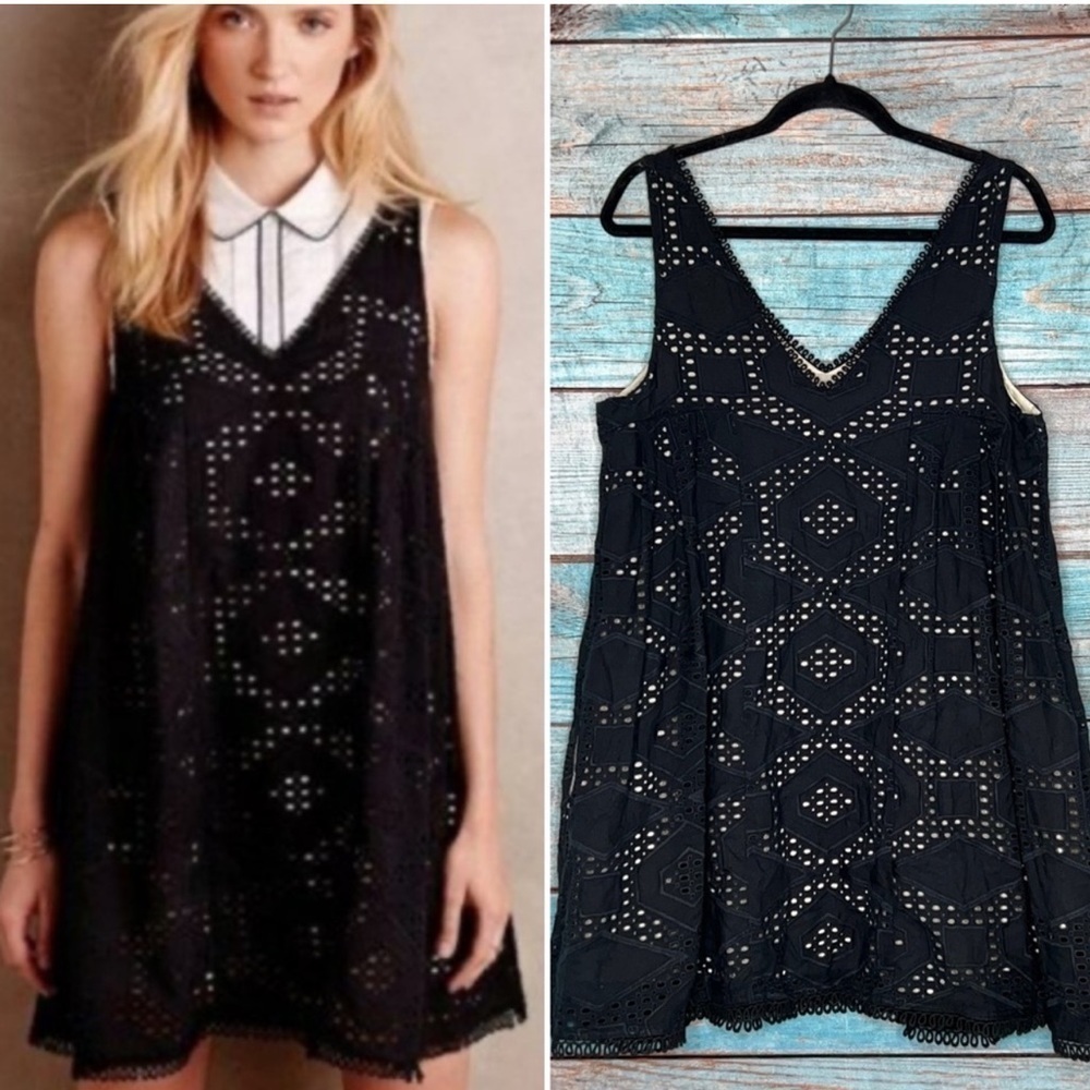 Anthropologie Maeve Black Eyelet Lace Mini Dress S Swing Pockets Boho Chic